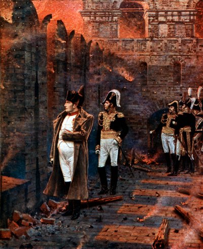 Napoleon og hans stab ser afbrændingen af Moskva, 1812, slutningen af det 19. århundrede af Unbekannt