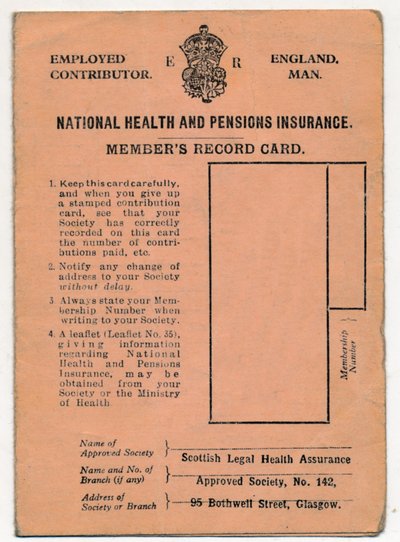 National Health and Pensions Insurance Card: Members Record Card, c1930