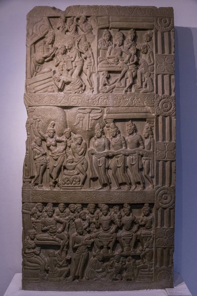 Indiens nationalmuseum, Delhi. Buddhas livsscener. Ikshvaku, 3. århundrede e.Kr. Nagarjunakonda, Andhra Pradesh. Grålig kalksten. Detalje. Indien. af Unbekannt