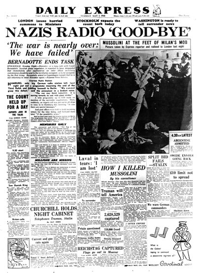 Nazis Radio Farvel, forside af Daily Express, 1. maj 1945 af Unbekannt
