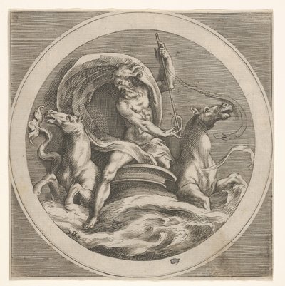 Neptun stiger op af havet og bærer en stav, ledsaget af to hestehovedet ..., ca. 1550-1600. af Unbekannt