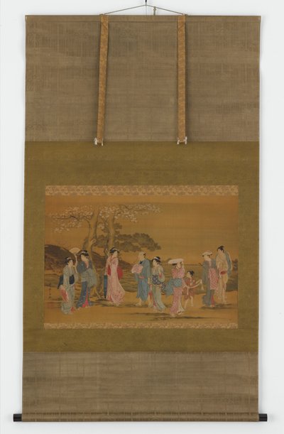 Ni mennesker ude for at se Cherry Blossoms, Edo Period, 1615-1868. af Unbekannt