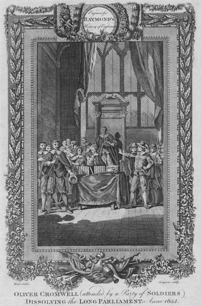 Oliver Cromwell deltog i en by af soldater, der opløste det lange parlament. Anno 1653, c1787 af Unbekannt
