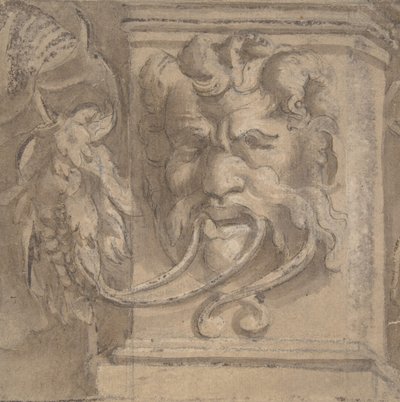 Ornamental design med maske i antik stil, 1550-1600. af Unbekannt