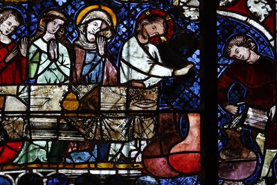 Vor Frue af Strasbourg-katedralen. Glasmosaik vindue. Forvandlingen af vand til vin ved brylluppet i Cana. 14. århundrede. Strasbourg. Frankrig. af Unbekannt