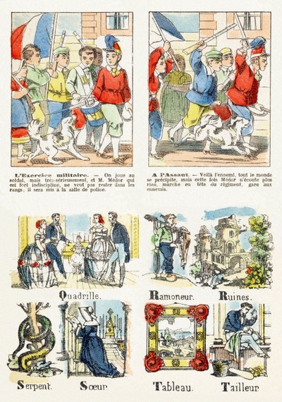 Side 7 - børns spil: militærøvelse, På angrebet - Alfabet - Børneunderholdning - Epinale billeder, populær serie, omkring 1890 af Unbekannt