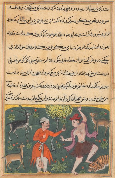 Side fra Tales of a Parrot Tuti-nama: Attende nat: Prinsen møder..., ca. 1560. af Unbekannt