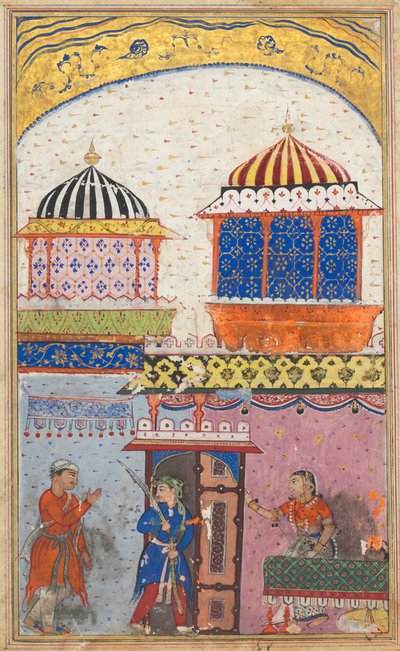 Side fra Tales of a Parrot Tuti-nama: Ottende nat: En kvinde beder sin elsker om at forlade..., ca. 1560. af Unbekannt
