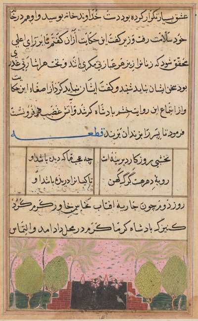 Side fra Tales of a Parrot Tuti-nama: Ottende nat: Landskab med en lotus, ca. 1560. af Unbekannt