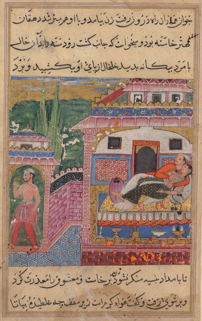 Side fra Tales of a Parrot Tuti-nama: Ottende nat: Den bedrageriske kone overtaler..., 1558-1560. af Unbekannt