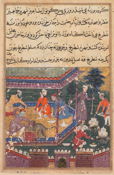 Side fra Tales of a Parrot Tuti-nama: Femte nat: Den sårede abe bider hånden., c1560. af Unbekannt