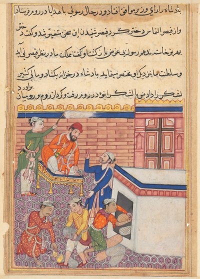 Side fra Tales of a Papegøje Tuti-nama: Halvtredsindstyvende nat: Kongens udsendte bliver leveret..., ca. 1 af Unbekannt