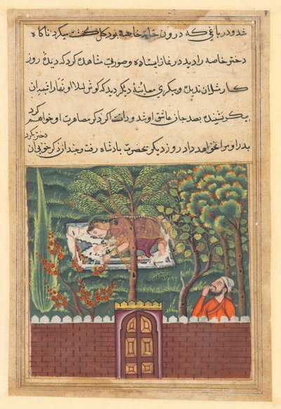 Side fra Tales of a Parrot Tuti-nama: Enoghalvtredsindstyvende nat: Khulasa, en vesir, ser..., c1560. af Unbekannt