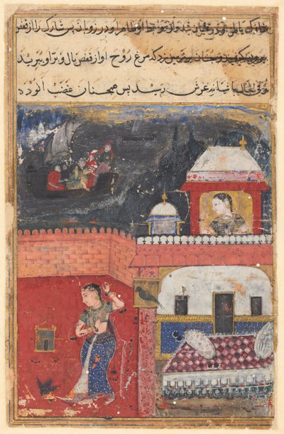 Side fra Tales of a Parrot Tuti-nama: Første nat: Khujasta dræber kæledyret myna..., ca. 1560. af Unbekannt