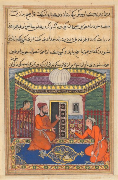 Side fra Tales of a Parrot Tuti-nama: Ottendeogfyrre nat: Den unge mand fra Bagdad..., ca. 1560. af Unbekannt