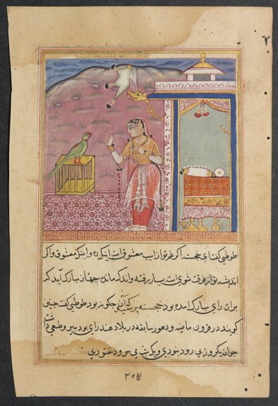 Side fra Tales of a Papegøje Tuti-nama: Fjerdeogfyrre nat: Papegøjen taler til..., ca. 1560. af Unbekannt