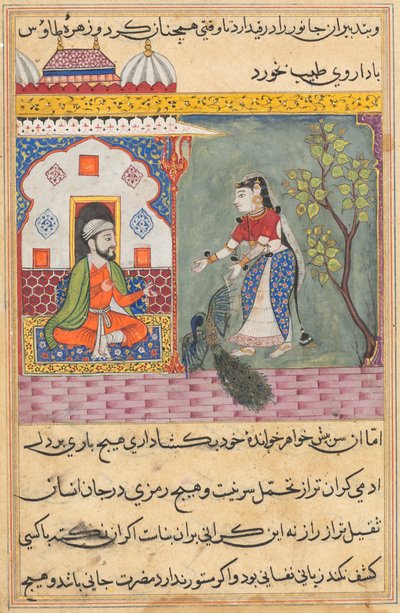 Side fra Fortællinger om en papegøje Tuti-nama: Nittende nat: Brahmans kone..., ca. 1560. af Unbekannt