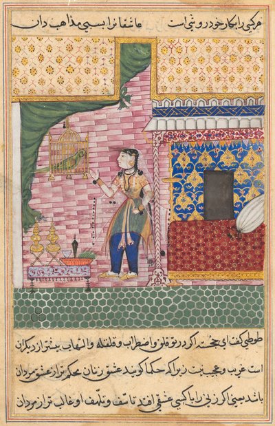 Side fra Tales of a Parrot Tuti-nama: Syttende nat: Papegøjen..., ca. 1560. af Unbekannt