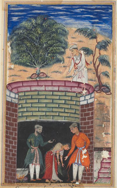 Side fra Tales of a Parrot Tuti-nama: Syvende nat: Kongens datter..., ca. 1560. af Unbekannt