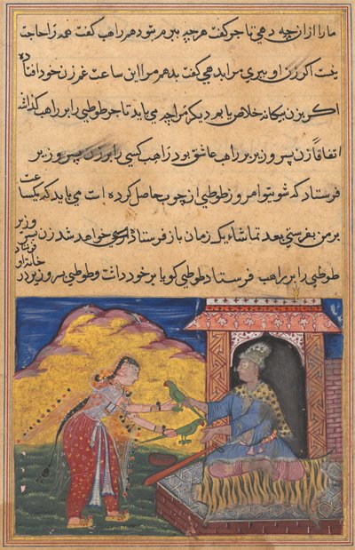 Side fra Tales of a Parrot Tuti-nama: Tiende nat: vesirens kone sender magien..., ca. 1560. af Unbekannt