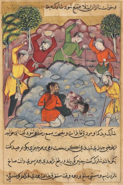 Side fra Tales of a Parrot Tuti-nama: Rajas datter og hendes elsker stenet..., ca. 1560. af Unbekannt