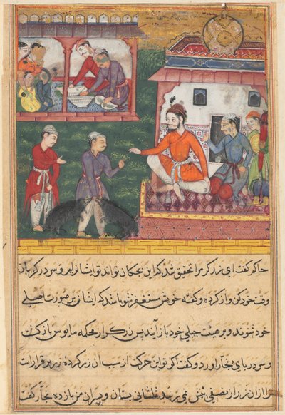 Side fra Tales of a Parrot Tuti-nama: Tredje nat: Guldsmeden dømte, bjørneungerne..., ca. 156 af Unbekannt
