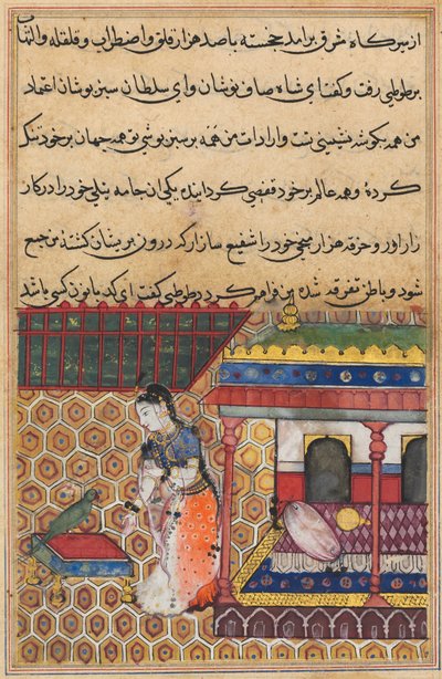Side fra Tales of a Parrot Tuti-nama: Otteogtredive nat: Papegøjen henvender sig til Khujasta, c1560. af Unbekannt