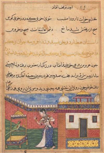 Side fra Tales of a Parrot Tuti-nama: 32. nat: Papegøjen henvender sig til Khujasta..., c156 af Unbekannt