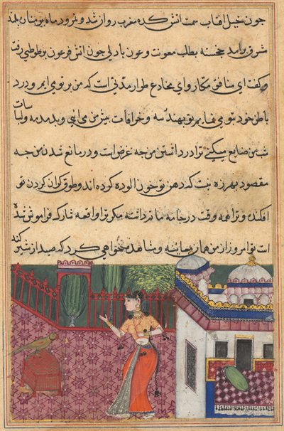 Side fra Tales of a Parrot Tuti-nama: Treogtredive nat: Papegøjen henvender sig til Khujasta..., ca. 15 af Unbekannt