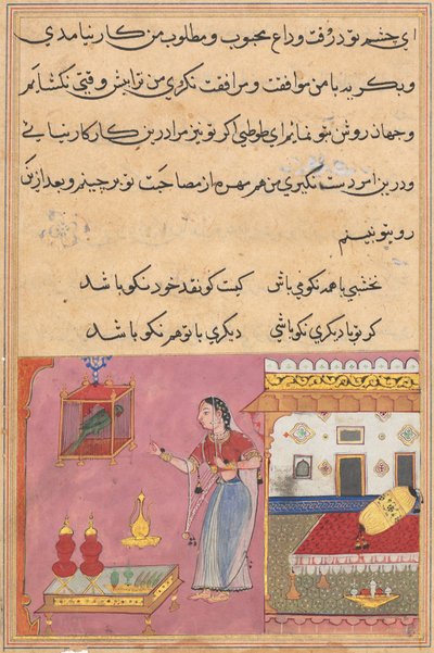 Side fra Tales of a Parrot Tuti-nama: Tyvende nat: Papegøjen taler til..., ca. 1560. af Unbekannt