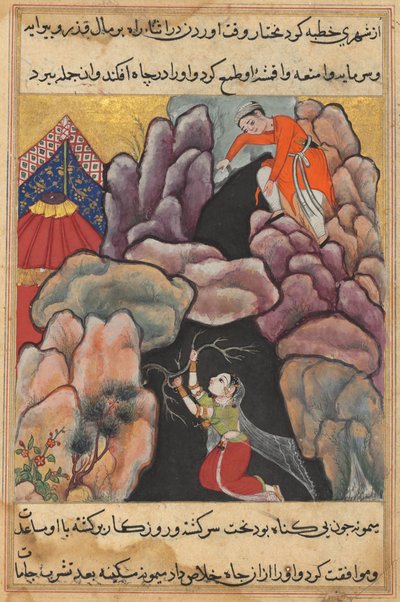 Side fra Tales of a Parrot Tuti-nama: Femogtyvende nat: Mukhtar kaster sin kone..., ca. 1560. af Unbekannt