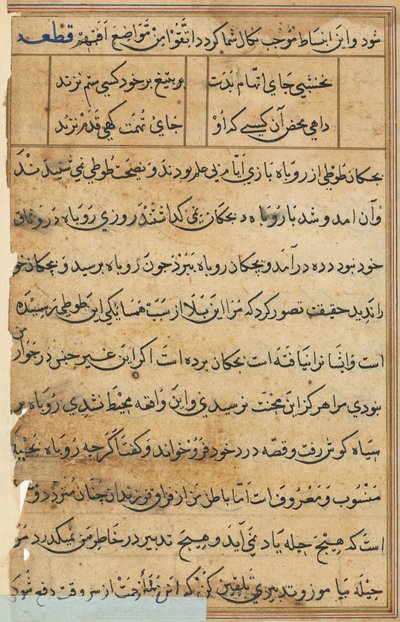 Side fra Tales of a Parrot Tuti-nama: tekstside, ca. 1560. af Unbekannt