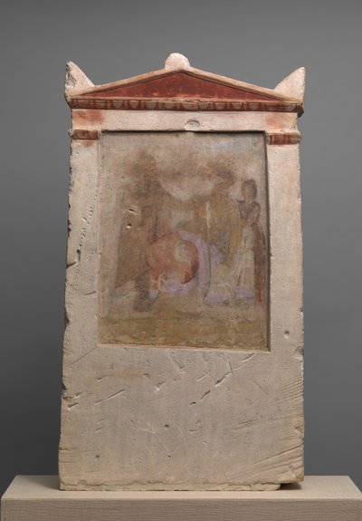 Malet kalkstensbegravelsesstele med en kvinde i barsel, slutningen af 4.-begyndelsen af 3. århundrede f.Kr. af Unbekannt