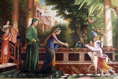 Maleri på Bhaktivedanta Manor, der forestiller unge Krishna, der løber til Moder Yasoda og Nanda Maharaj (hans plejeforældre) Watford Grande-Bretagne af Unbekannt