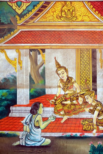 Maleri, der skildrer Shakyamuni Buddhas livshistorie. Wat Naxai. Vientiane. Laos, 20151106, Vientiane, Laos af Unbekannt