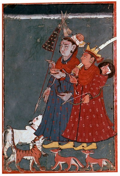 Maleri af guderne Shiva og Krishna ledsaget af en tyr, tiger og sjakaler af Unbekannt