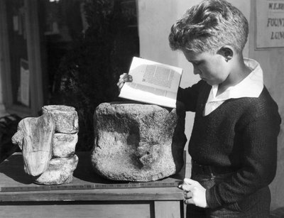 Palos Verdes, Californien: ca. 1927 En ung dreng studerer arkæologi med brug af en forstenede forhistorisk hvirvler fundet i de nærliggende bakker. (s/h foto) af Unbekannt