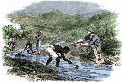 Panorering efter guld under guldfeberen i Californien i 1849 af Unbekannt