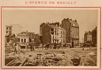 Paris kommune (1871): udsigt over avenue de Neuilly i Paris i maj 1871. Foto af Pierre Pepetit. Tryk på pap, Dim. 9x5,4 cm af Unbekannt