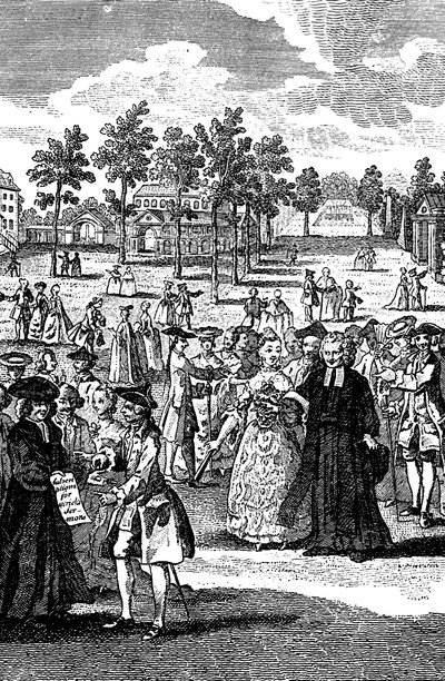 Mennesker i haverne i et herskabshus, 1700-tallet af Unbekannt