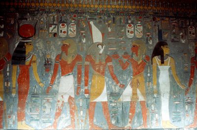 Farao Horemheb med gudinden Isis og guden Horus, oldægyptisk, 1300-tallet f.Kr. af Unbekannt