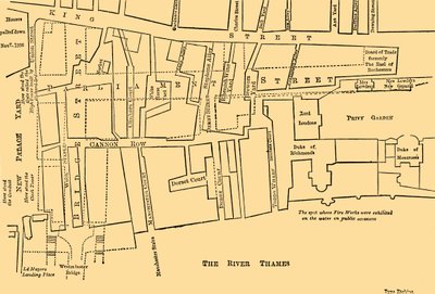Plan over en del af Westminster mellem 1734 og 1748 - Før opførelsen af Parliament Street, af Unbekannt