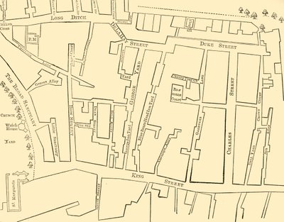 Plan over en del af Westminster mellem 1734 og 1748 - før opførelsen af Great George Street af Unbekannt