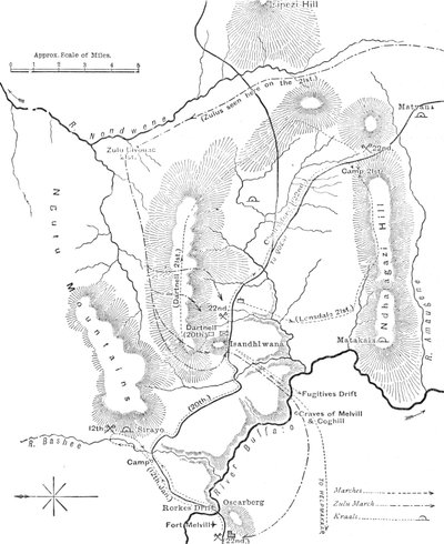 Plan for marcherne nær Isandhlwana mellem 12. og 22. januar 1879, c1880 af Unbekannt