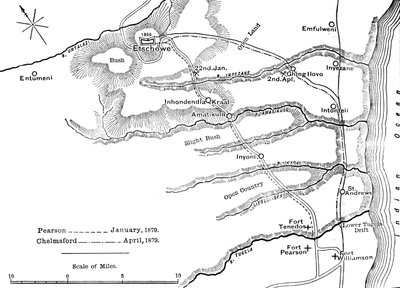 Plan over Marches of Pearson Jan. 1879 og Chelmsford april 1879 til Etschowe, c1880 af Unbekannt