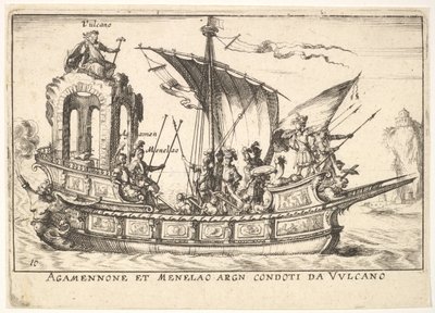 Plade 10: Agamemnon og Menelaos siddende i en båd ledsaget af andre figurer, inklusive V..., 1664. af Unbekannt