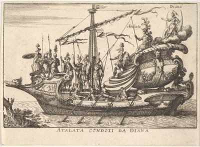 Plade 12: Atalanta ledet af Diana Atalanta condotti da Diana, ledsaget af krigere bearin..., 1664. af Unbekannt