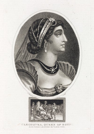 Portræt af Cleopatra (Thea Philopator, 69-30 f.Kr.), med en scene, der beskriver hendes overtagelse af Egyptens trone, omgivet af romerske legionærer af Unbekannt