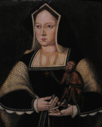 Portræt af Katarina af Aragon med hendes kæledyrabe Kopi efter Lucas Horenbout, ca 1530 af Unbekannt