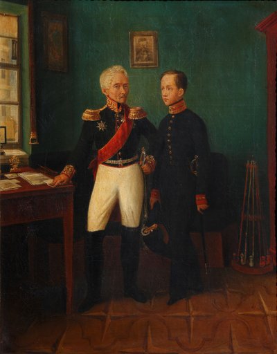 Portræt af general Fjodor Grigoryevich Friedrich August Goldgeuer 1771-1848 med søn Mikhail, ca. af Unbekannt